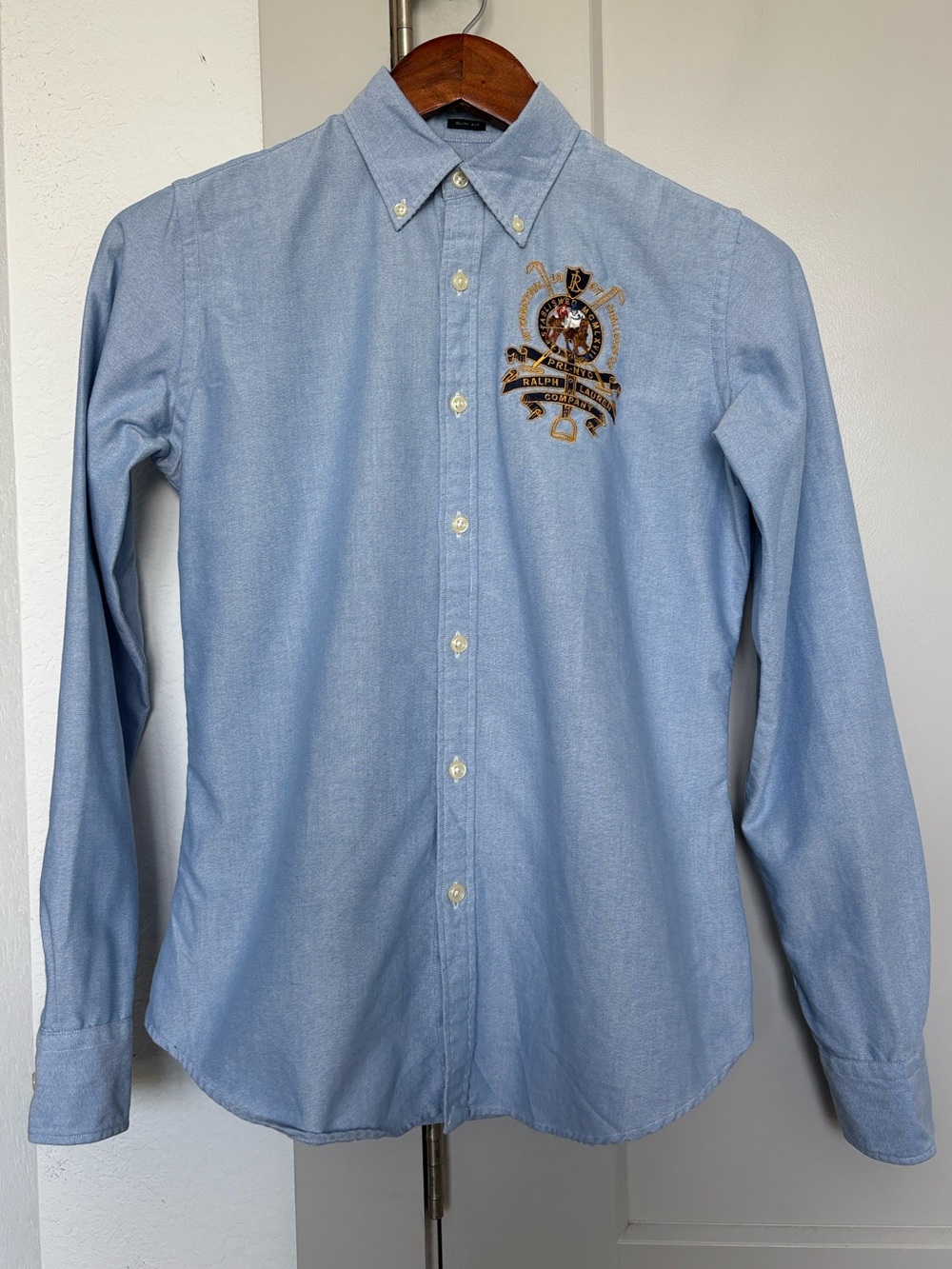 RALPH LAUREN SLIM FIT BLUE OXFORD BUTTON DOWN EQUESTRIAN EMBROIDERED WOMENS 4